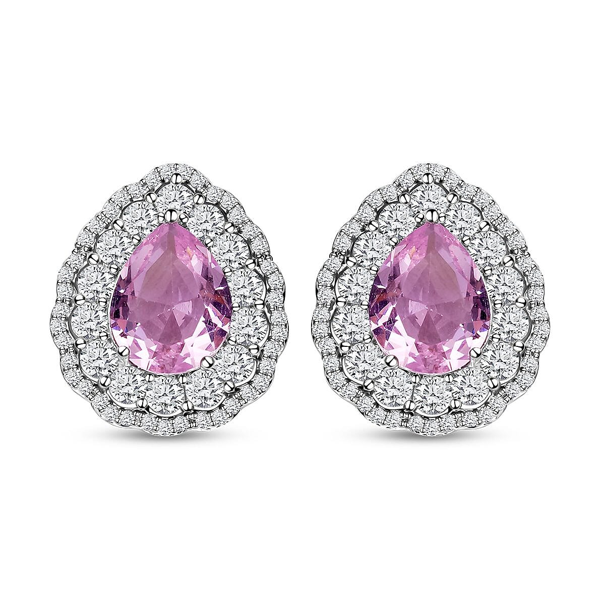Set of 2 - Simulated Pink Sapphire and Simulated Diamond Pendant with Chain (size - 20 with 2 Inch Extender) And Earrings (With Push Back) in Silver Tone