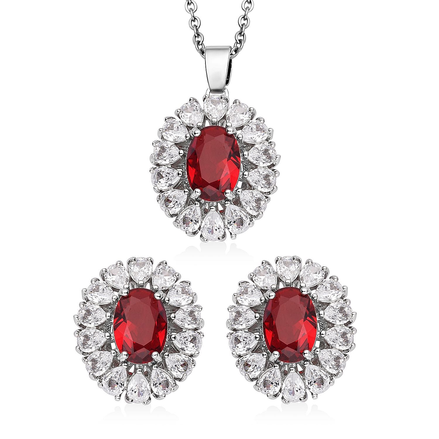 Set of 2 - Simulated Ruby and Simulated Diamond Pendant with Chain (Size - 20 with 2 Inch Extender) And Earrings (with Push Back) in Silver Tone