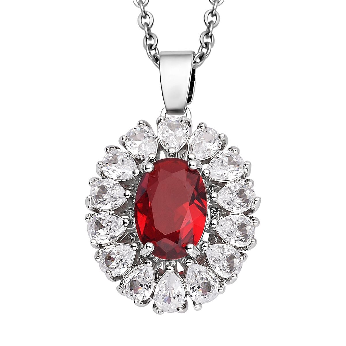 Set of 2 - Simulated Ruby and Simulated Diamond Pendant with Chain (Size - 20 with 2 Inch Extender) And Earrings (with Push Back) in Silver Tone