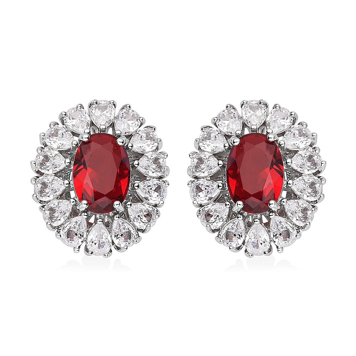 Set of 2 - Simulated Ruby and Simulated Diamond Pendant with Chain (Size - 20 with 2 Inch Extender) And Earrings (with Push Back) in Silver Tone