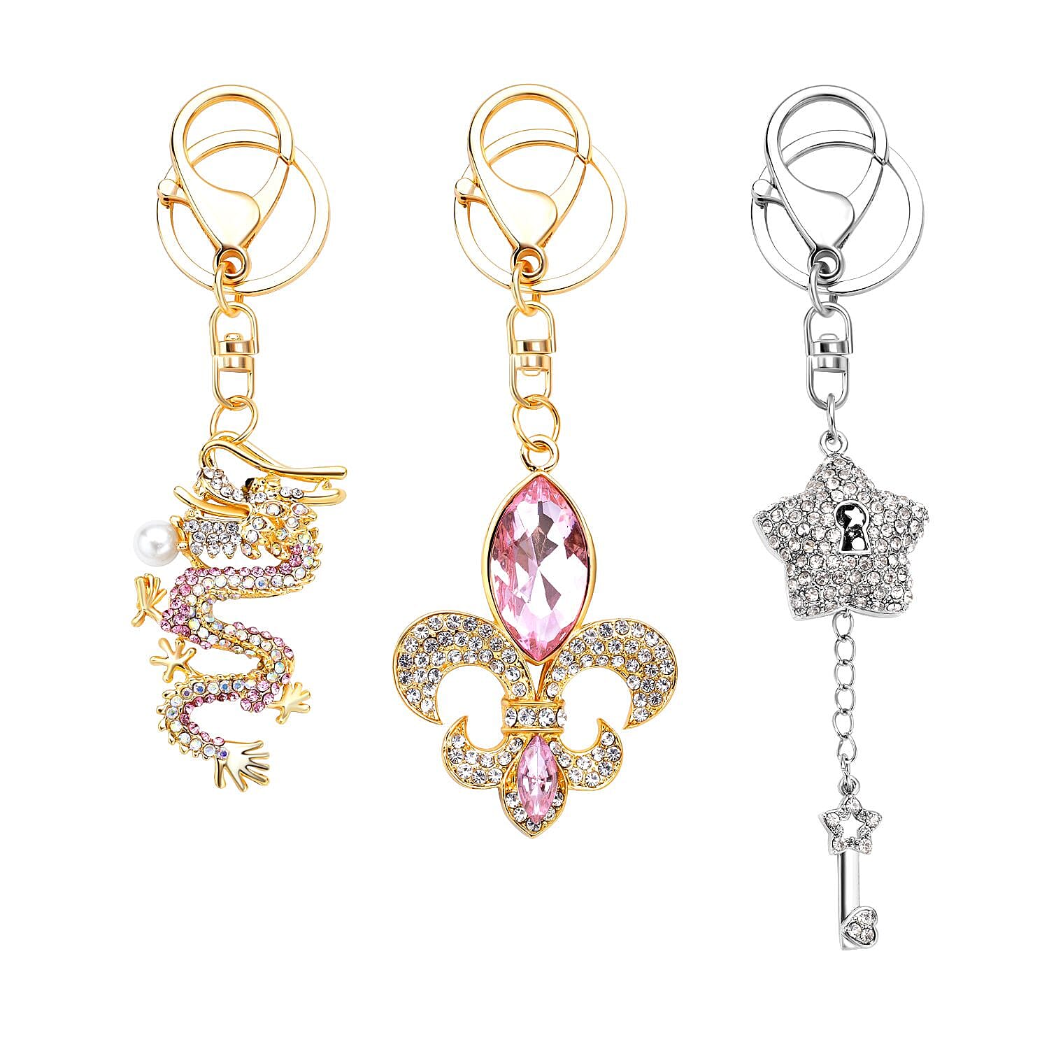 Set of 3 - Multi Colour Austrian Crystal and Simulated Pearl Enamelled Star Fish, Seahorse & Motif Keychain in Two Tone