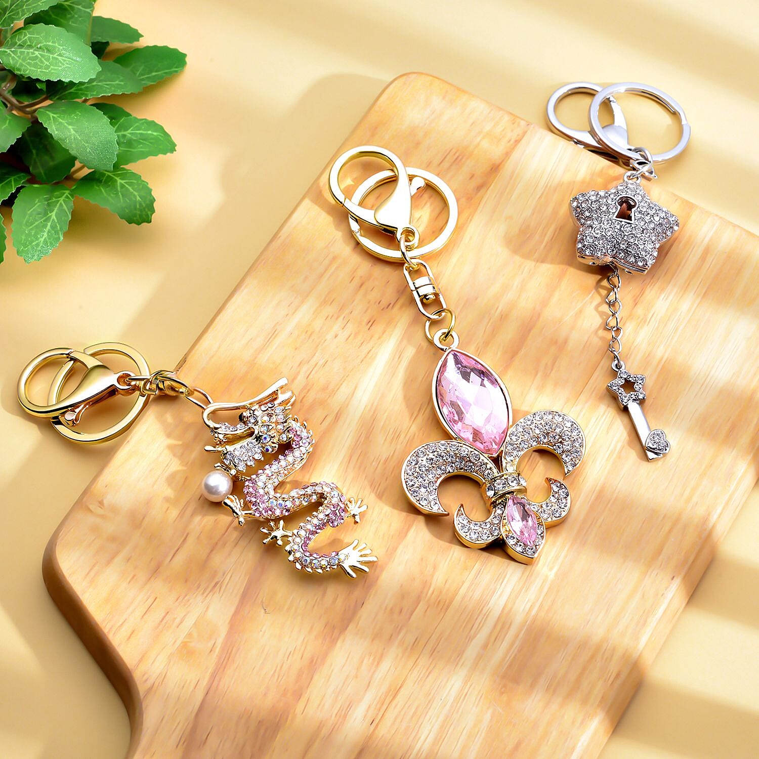 Set of 3 - Multi Colour Austrian Crystal and Simulated Pearl Enamelled Star Fish, Seahorse & Motif Keychain in Two Tone
