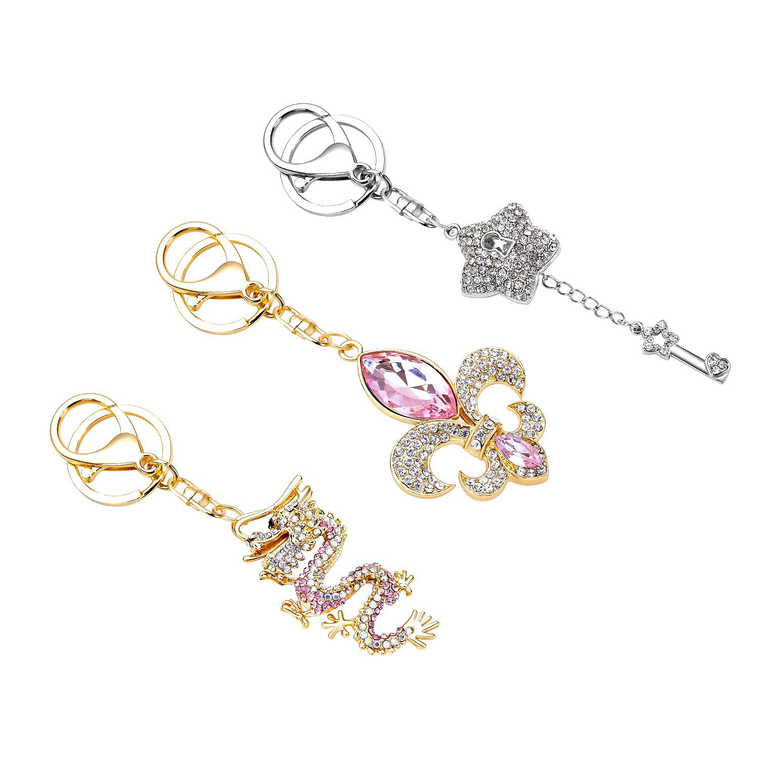 Set of 3 - Multi Colour Austrian Crystal and Simulated Pearl Enamelled Star Fish, Seahorse & Motif Keychain in Two Tone