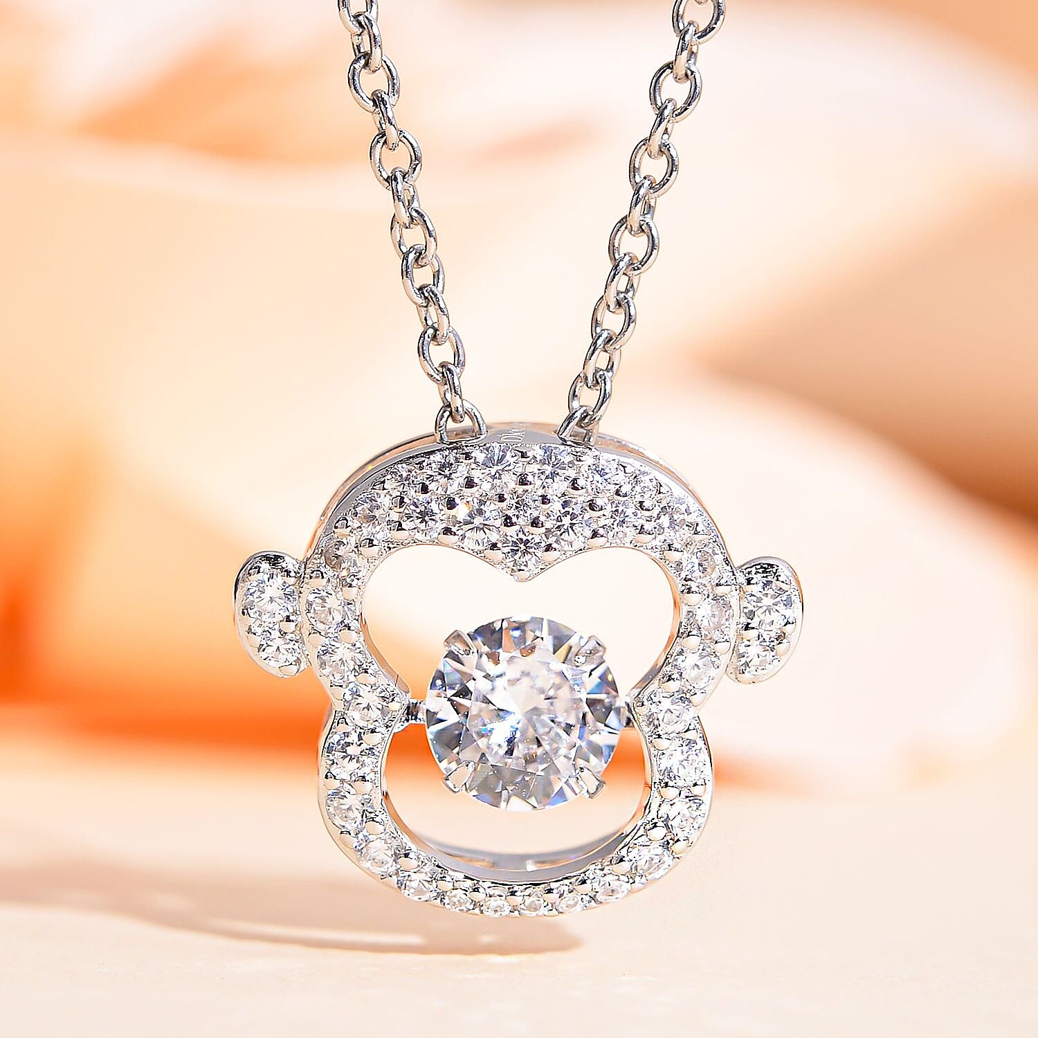 NY Closeout - ELANZA Cubic Zirconia Monkey Pendant in Rhodium Overlay Sterling Silver with Stainlees Steel Chain (Size 20)