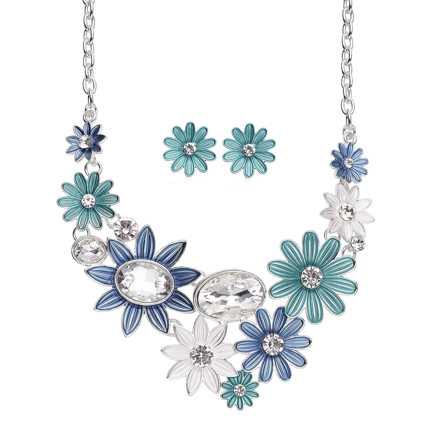 2 Piece Set - White Austrian Crystal and Simulated Diamond Floral Necklace (Size - 20 With 2 Inch Extender) and Earrings (With Push Back) with Enamelled in Silver Tone