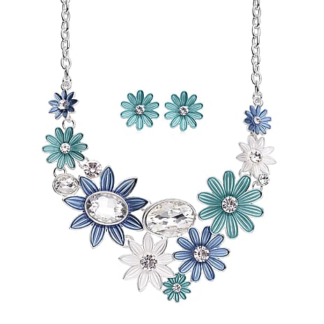 2 Piece Set - White Austrian Crystal and Simulated Diamond Floral Necklace (Size - 20 With 2 Inch Extender) and Earrings (With Push Back) with Enamelled in Silver Tone