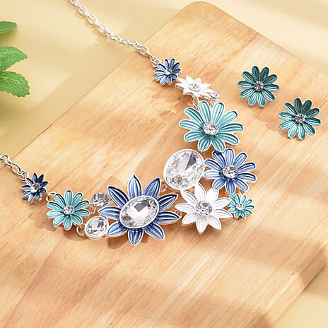 2 Piece Set - White Austrian Crystal and Simulated Diamond Floral Necklace (Size - 20 With 2 Inch Extender) and Earrings (With Push Back) with Enamelled in Silver Tone