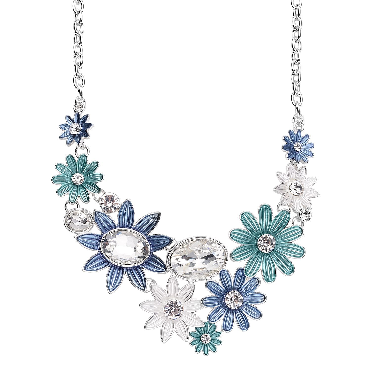 2 Piece Set - White Austrian Crystal and Simulated Diamond Floral Necklace (Size - 20 With 2 Inch Extender) and Earrings (With Push Back) with Enamelled in Silver Tone