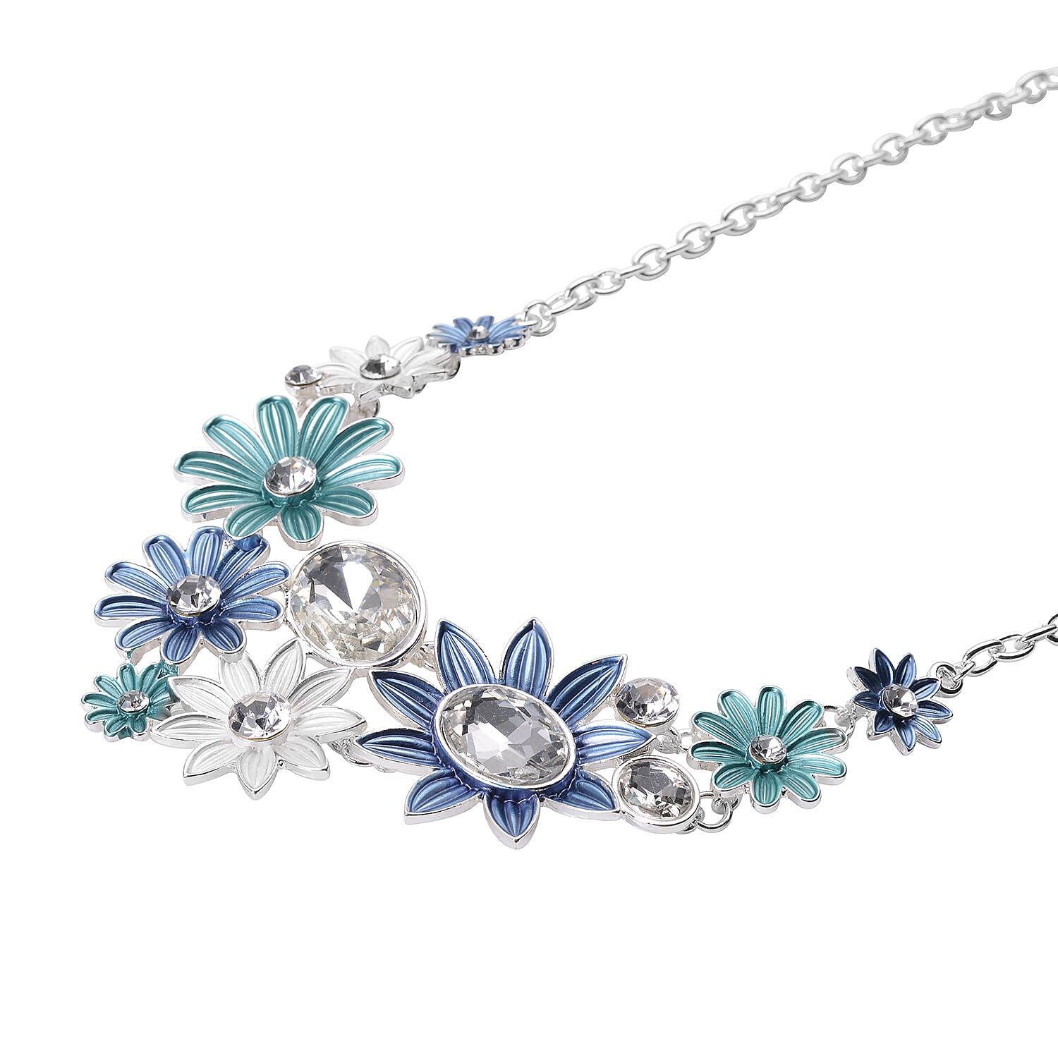 2 Piece Set - White Austrian Crystal and Simulated Diamond Floral Necklace (Size - 20 With 2 Inch Extender) and Earrings (With Push Back) with Enamelled in Silver Tone