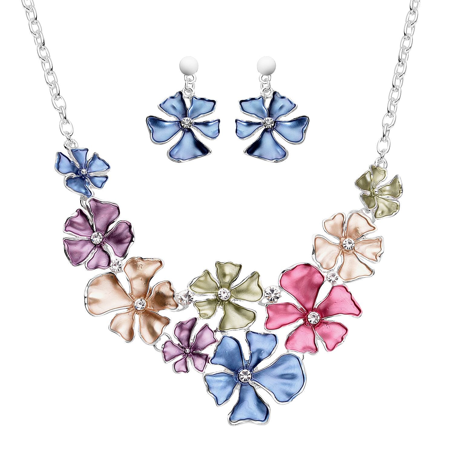 2 Piece Set -  White Austrian Crystal Periwinkle Floral Necklace (Size - 20 With 2 Inch Extender) and Earrings (With Push Back) with Enamelled in Silver Tone