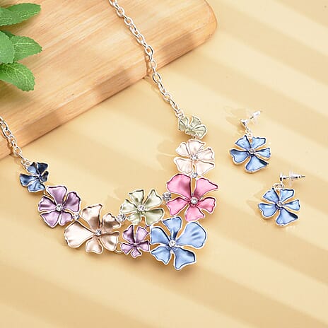 2 Piece Set -  White Austrian Crystal Periwinkle Floral Necklace (Size - 20 With 2 Inch Extender) and Earrings (With Push Back) with Enamelled in Silver Tone