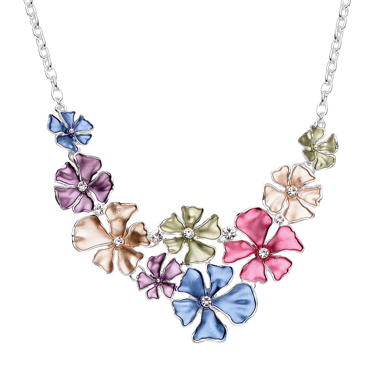 2 Piece Set -  White Austrian Crystal Periwinkle Floral Necklace (Size - 20 With 2 Inch Extender) and Earrings (With Push Back) with Enamelled in Silver Tone