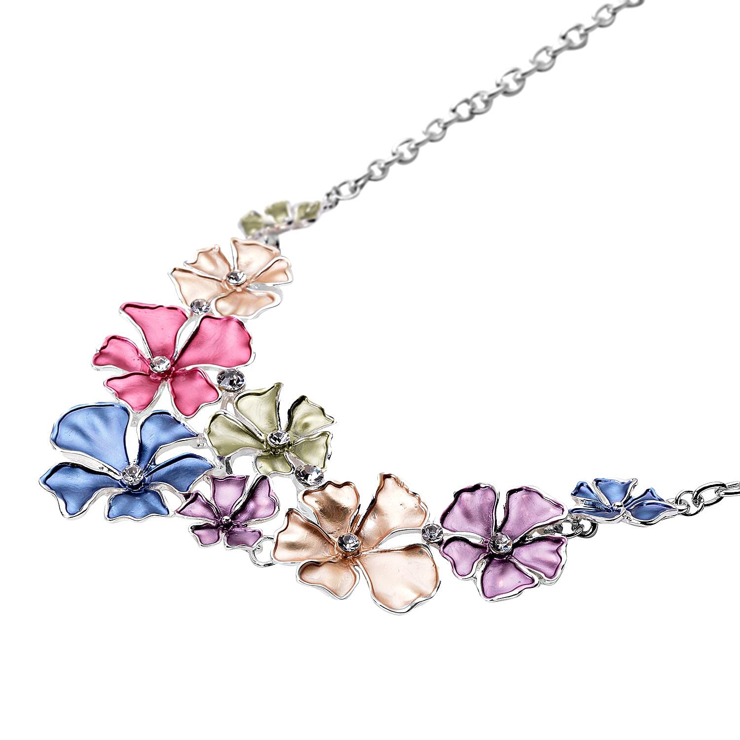 2 Piece Set -  White Austrian Crystal Periwinkle Floral Necklace (Size - 20 With 2 Inch Extender) and Earrings (With Push Back) with Enamelled in Silver Tone