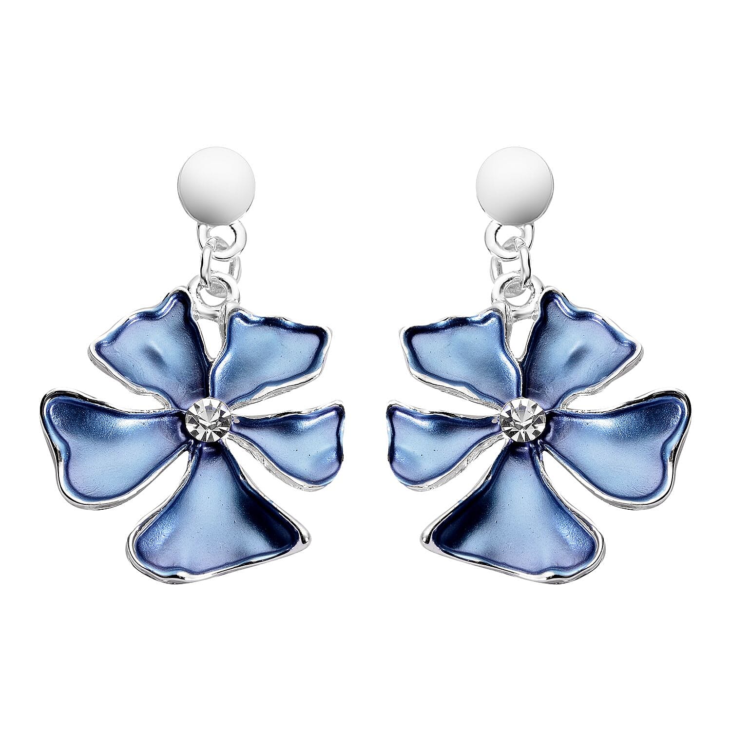 2 Piece Set -  White Austrian Crystal Periwinkle Floral Necklace (Size - 20 With 2 Inch Extender) and Earrings (With Push Back) with Enamelled in Silver Tone