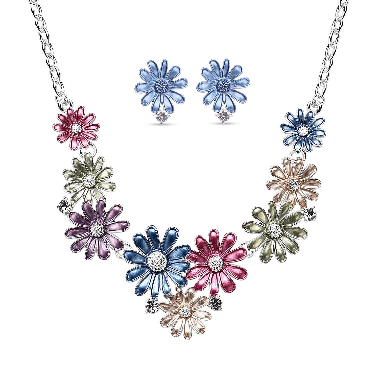 2 Piece Set -  White Austrian Crystal Lily Floral Necklace (Size - 20 With 2 Inch Extender) and Earrings (With Push Back)  with Enamelled in Silver Tone