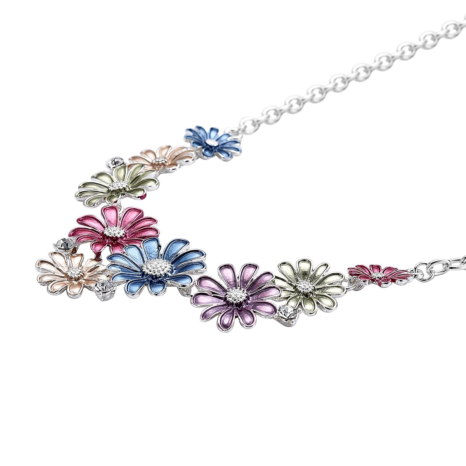 2 Piece Set -  White Austrian Crystal Lily Floral Necklace (Size - 20 With 2 Inch Extender) and Earrings (With Push Back)  with Enamelled in Silver Tone