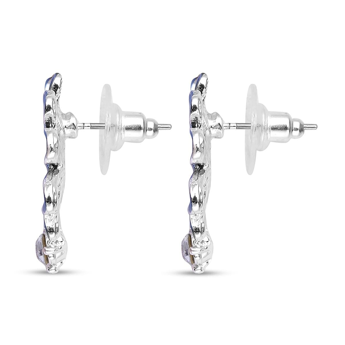 2 Piece Set -  White Austrian Crystal Lily Floral Necklace (Size - 20 With 2 Inch Extender) and Earrings (With Push Back)  with Enamelled in Silver Tone