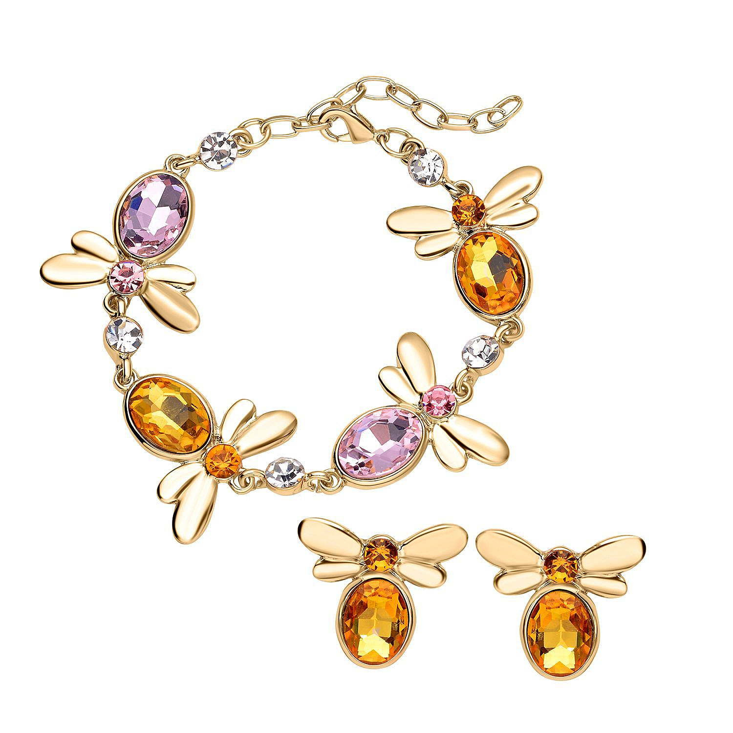 2 Piece Set - Simulated Pink Sapphire, Simulated Citrine and Multi Colour Austrian Crystal Honey Bee Bracelet (Size- 7-2 Inch Ext.) & Earrings in Yellow Tone