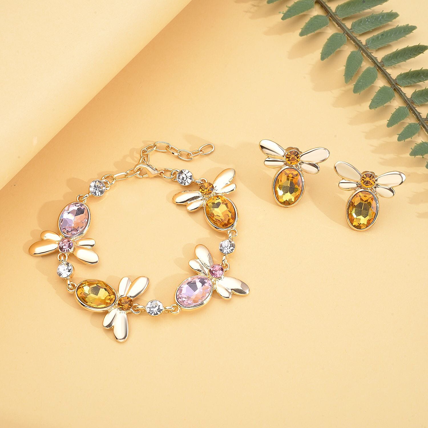 2 Piece Set - Simulated Pink Sapphire, Simulated Citrine and Multi Colour Austrian Crystal Honey Bee Bracelet (Size- 7-2 Ext) With Push Back Earrings in Yellow Tone