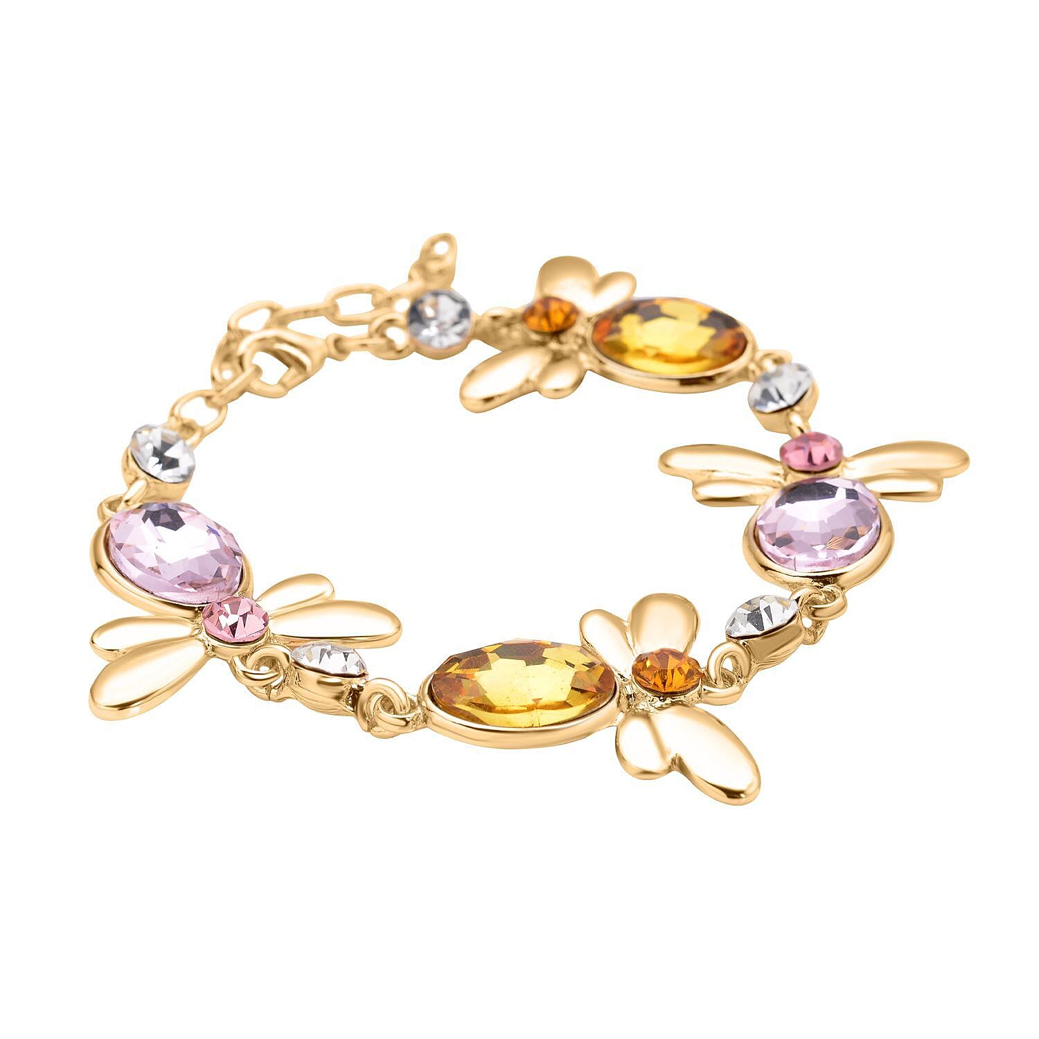 2 Piece Set - Simulated Pink Sapphire, Simulated Citrine and Multi Colour Austrian Crystal Honey Bee Bracelet (Size- 7-2 Ext) With Push Back Earrings in Yellow Tone