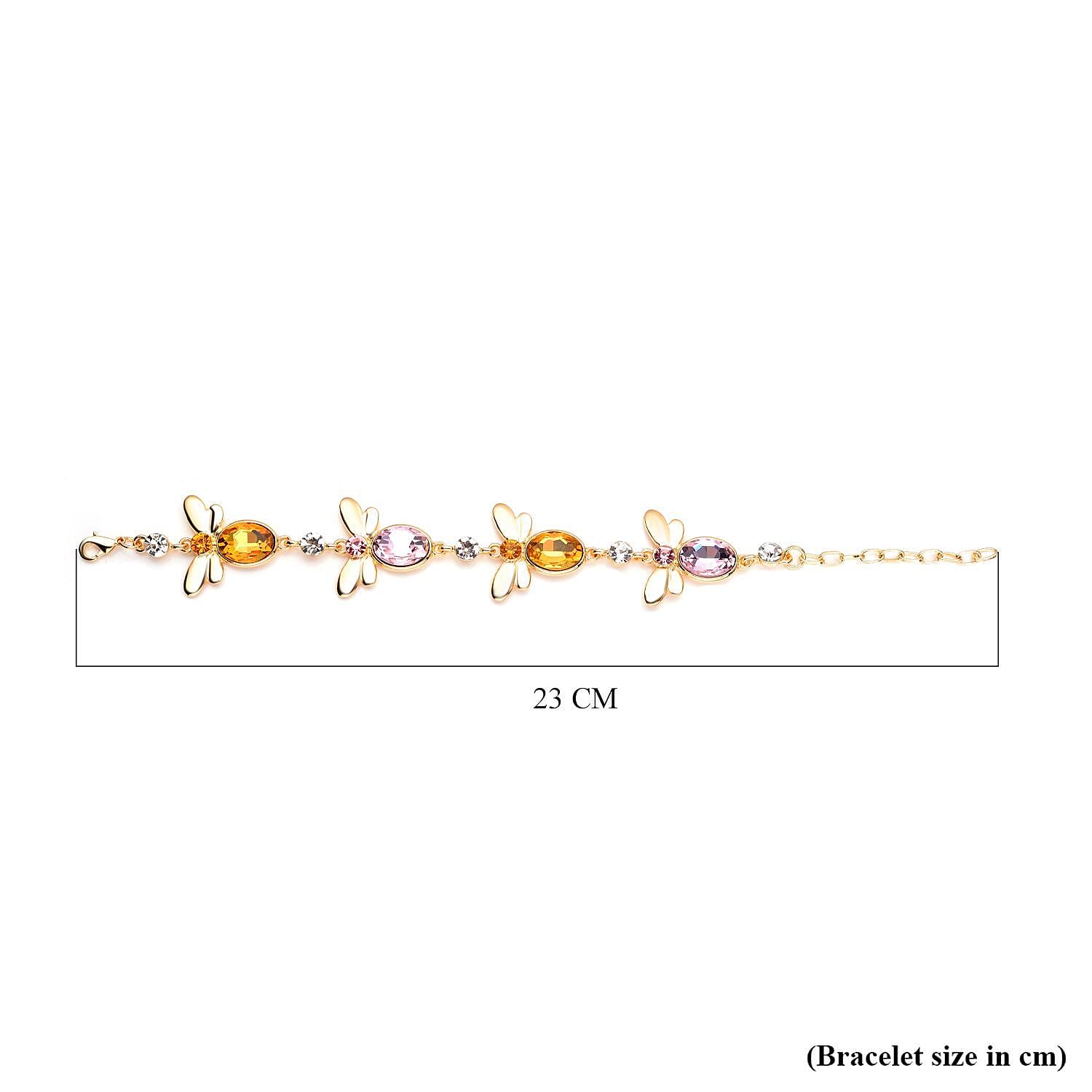 2 Piece Set - Simulated Pink Sapphire, Simulated Citrine and Multi Colour Austrian Crystal Honey Bee Bracelet (Size- 7-2 Ext) With Push Back Earrings in Yellow Tone