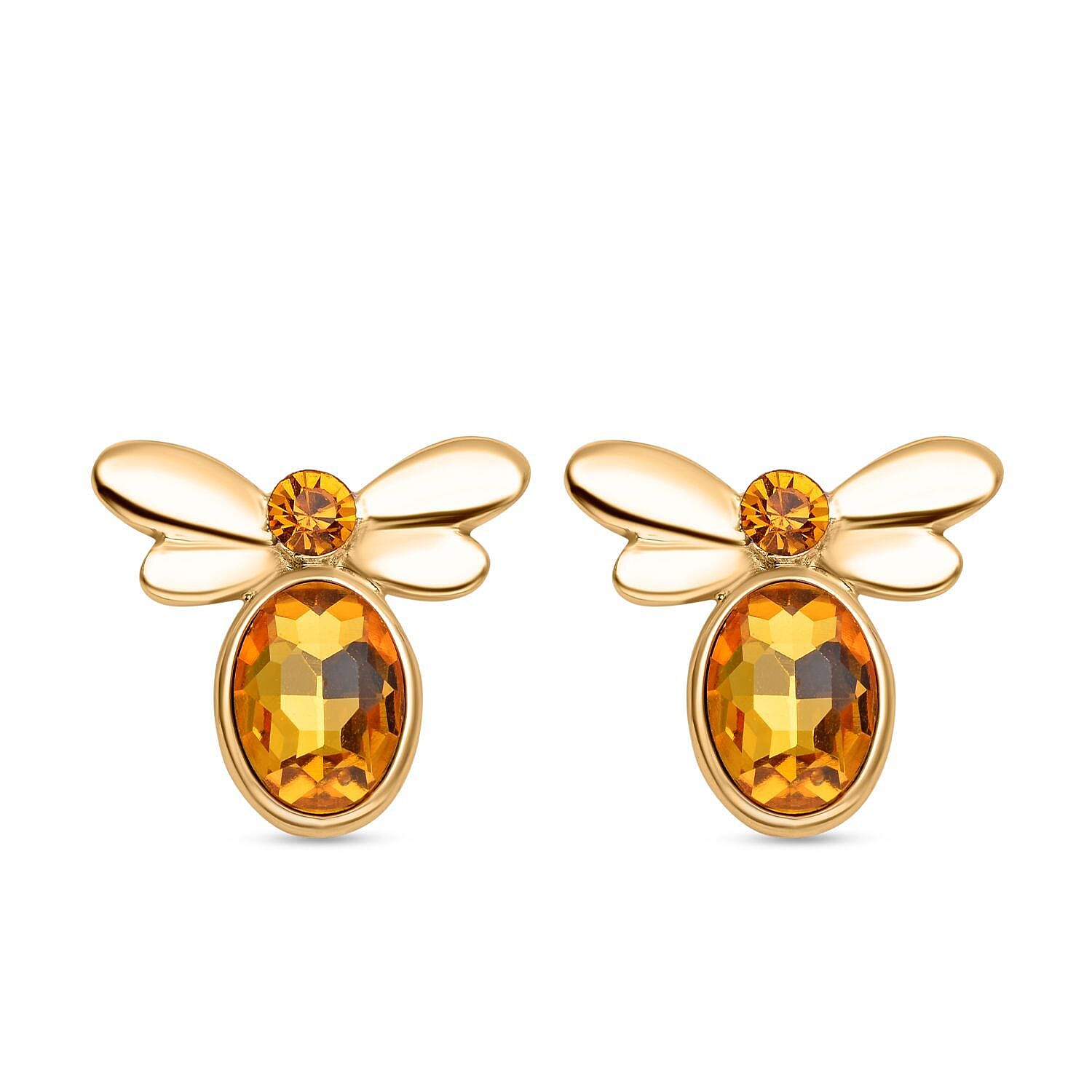2 Piece Set - Simulated Pink Sapphire, Simulated Citrine and Multi Colour Austrian Crystal Honey Bee Bracelet (Size- 7-2 Ext) With Push Back Earrings in Yellow Tone