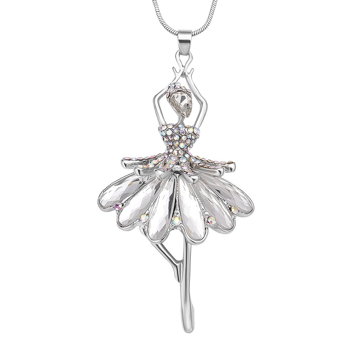 White AB Crystal and Simulated Diamond Ballerina Pendant with Chain (Size-28 With 2 Inch Extender) in Silver Tone
