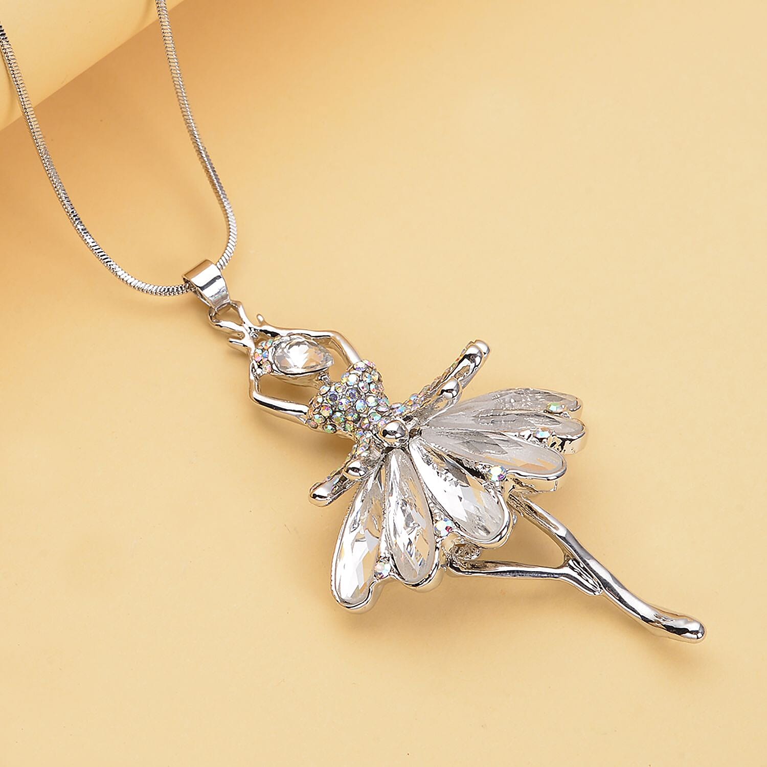 White AB Crystal and Simulated Diamond Ballerina Pendant with Chain (Size-28 With 2 Inch Extender) in Silver Tone