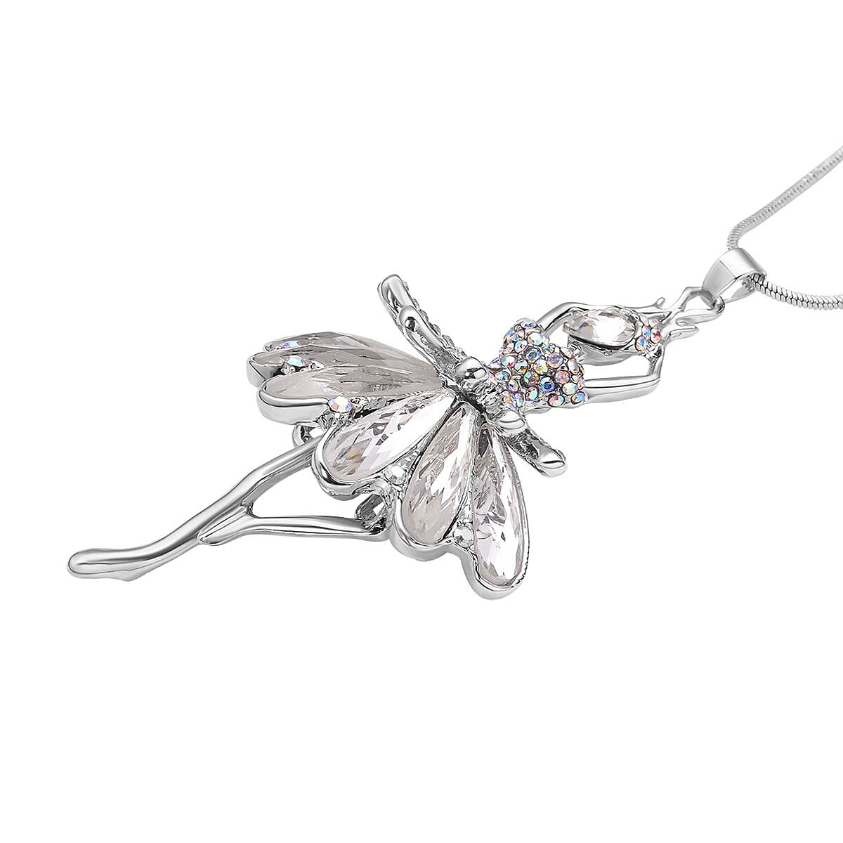 White AB Crystal and Simulated Diamond Ballerina Pendant with Chain (Size-28 With 2 Inch Extender) in Silver Tone