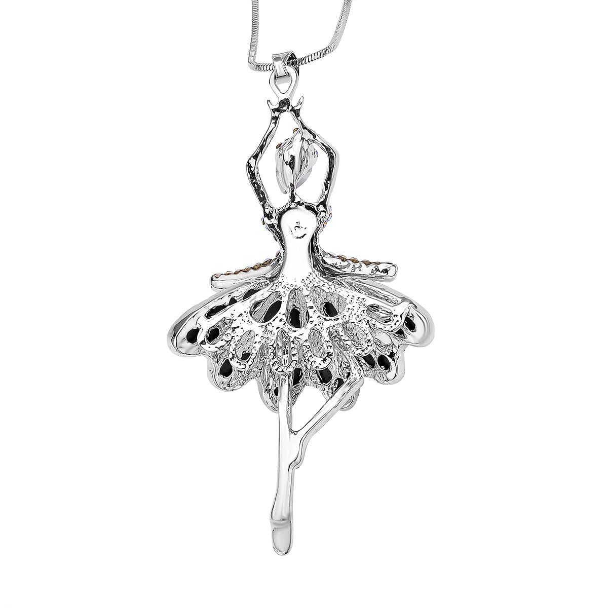 White AB Crystal and Simulated Diamond Ballerina Pendant with Chain (Size-28 With 2 Inch Extender) in Silver Tone