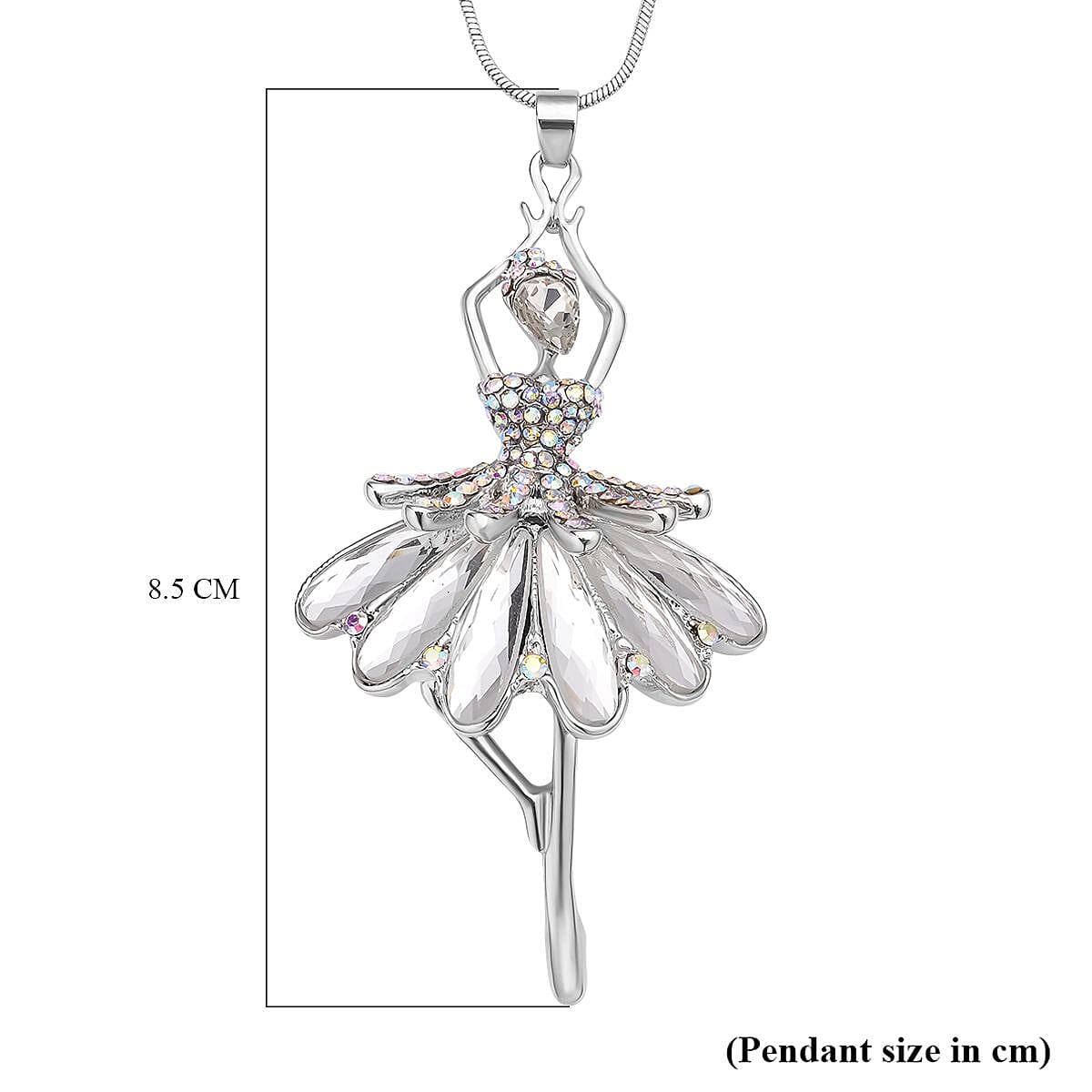 White AB Crystal and Simulated Diamond Ballerina Pendant with Chain (Size-28 With 2 Inch Extender) in Silver Tone