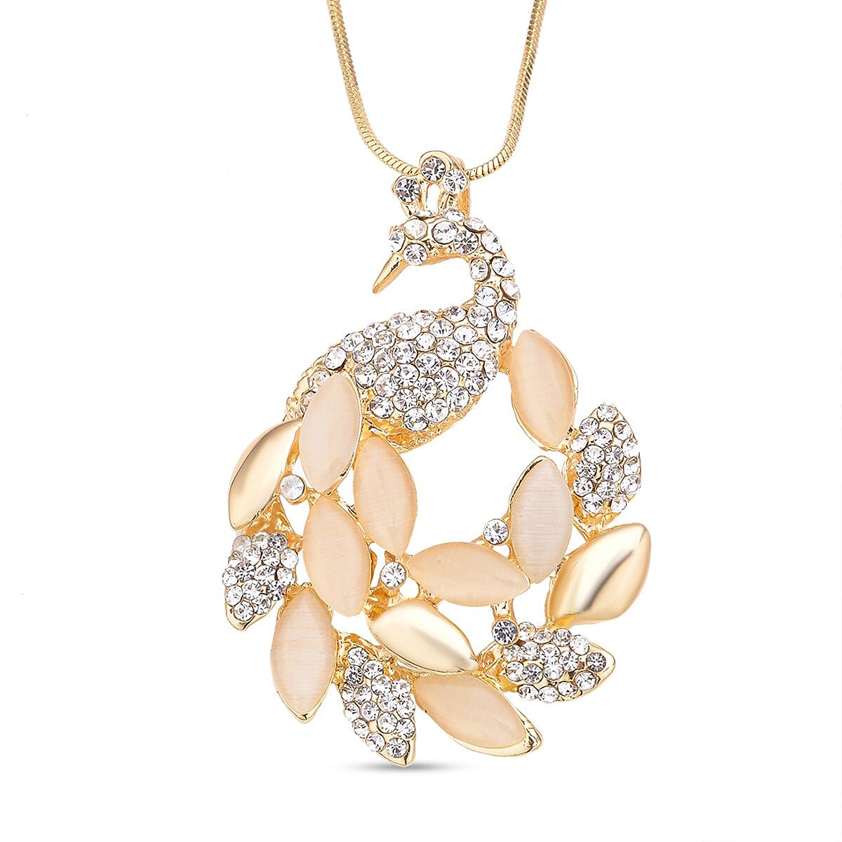 White Cats Eye and White Austrian Crystal Peacock Pendant with Chain (Size - 28 With 2 Inch Extender) in Yellow Gold Tone