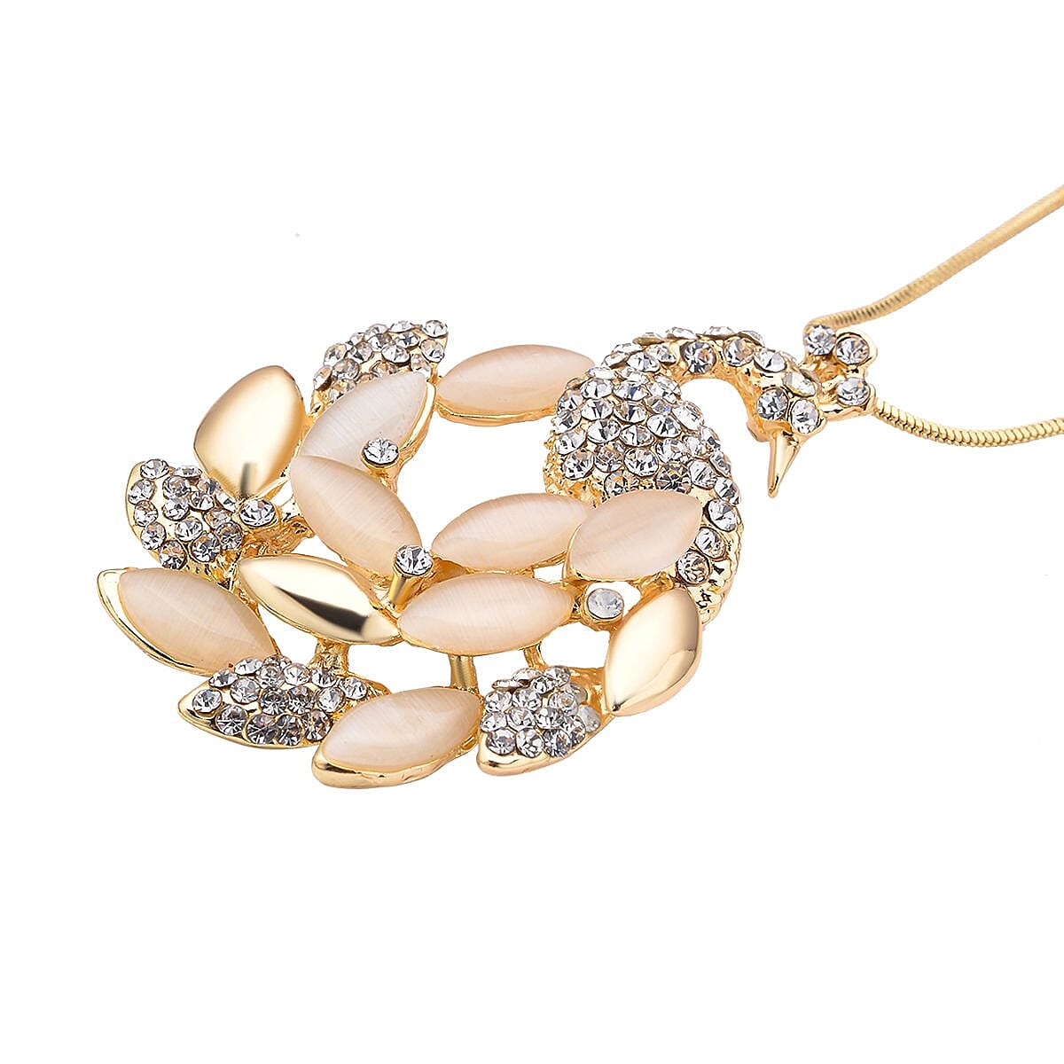 White Cats Eye and White Austrian Crystal Peacock Pendant with Chain (Size - 28 With 2 Inch Extender) in Yellow Gold Tone