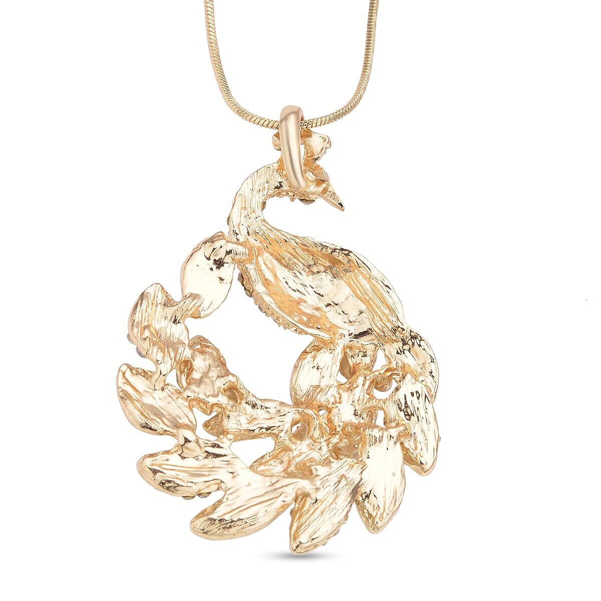 White Cats Eye and White Austrian Crystal Peacock Pendant with Chain (Size - 28 With 2 Inch Extender) in Yellow Gold Tone