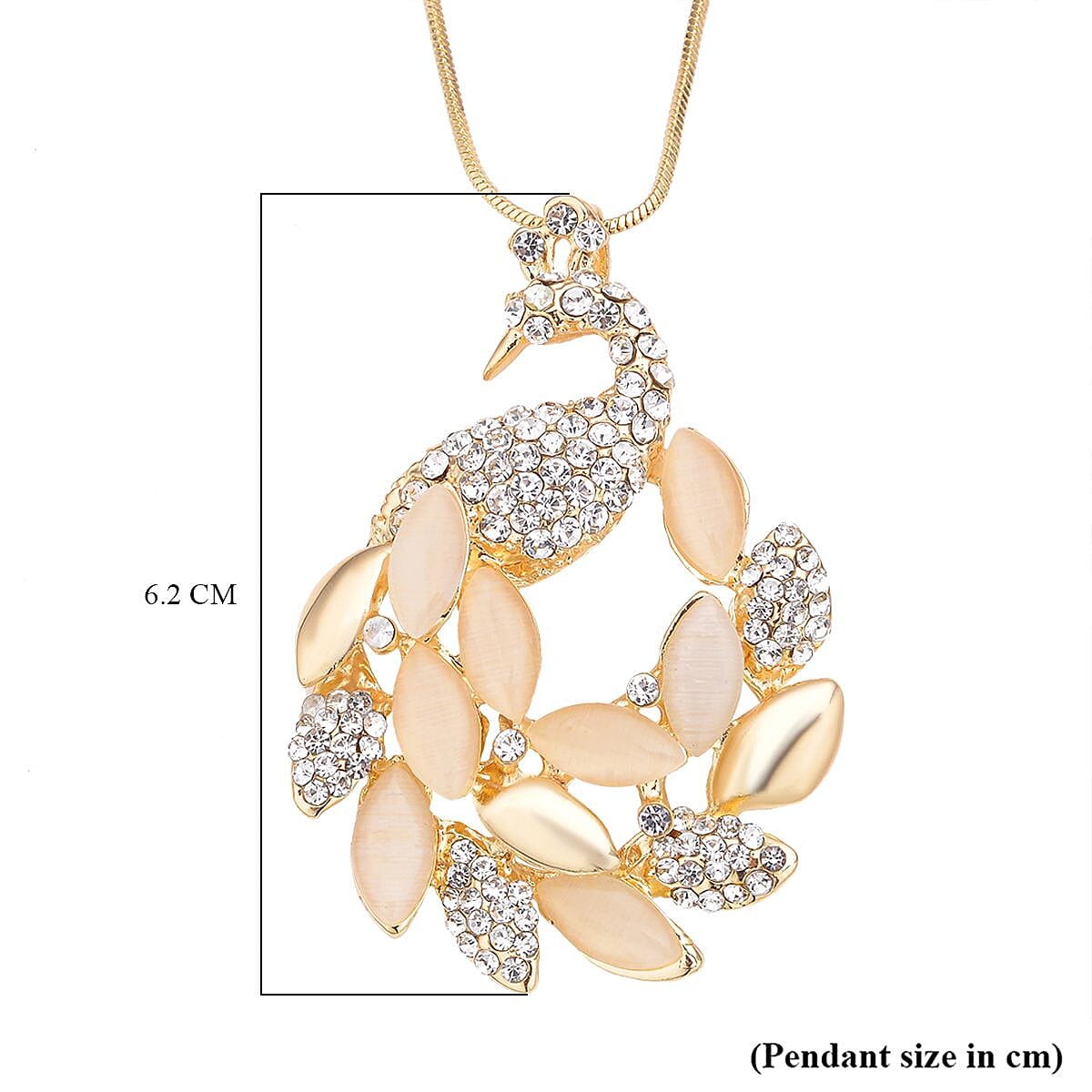 White Cats Eye and White Austrian Crystal Peacock Pendant with Chain (Size - 28 With 2 Inch Extender) in Yellow Gold Tone