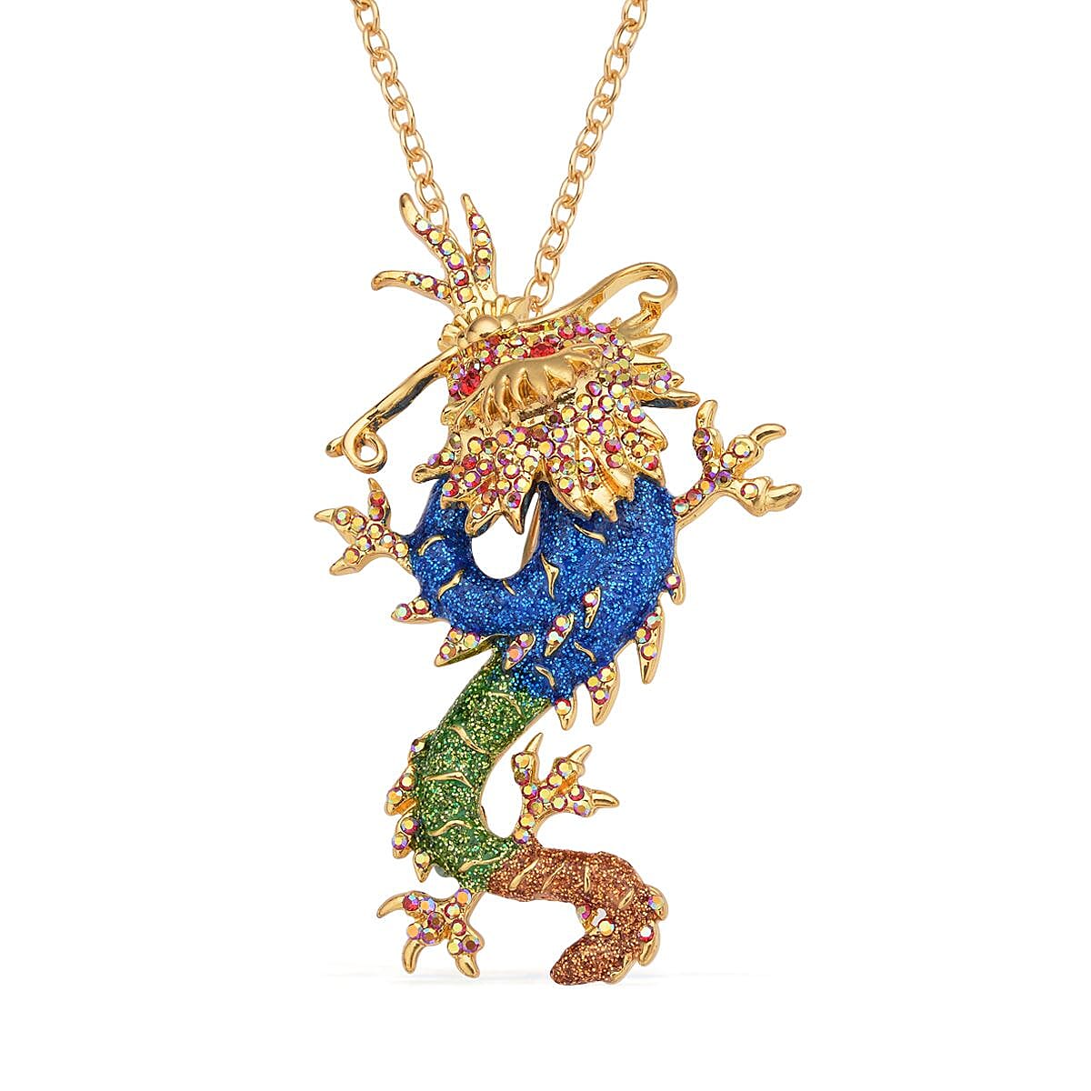  Multi Colour Crystal Enamelled Dragon Pendant with Chain or Brooch ( Size- 24) in Gold Tone