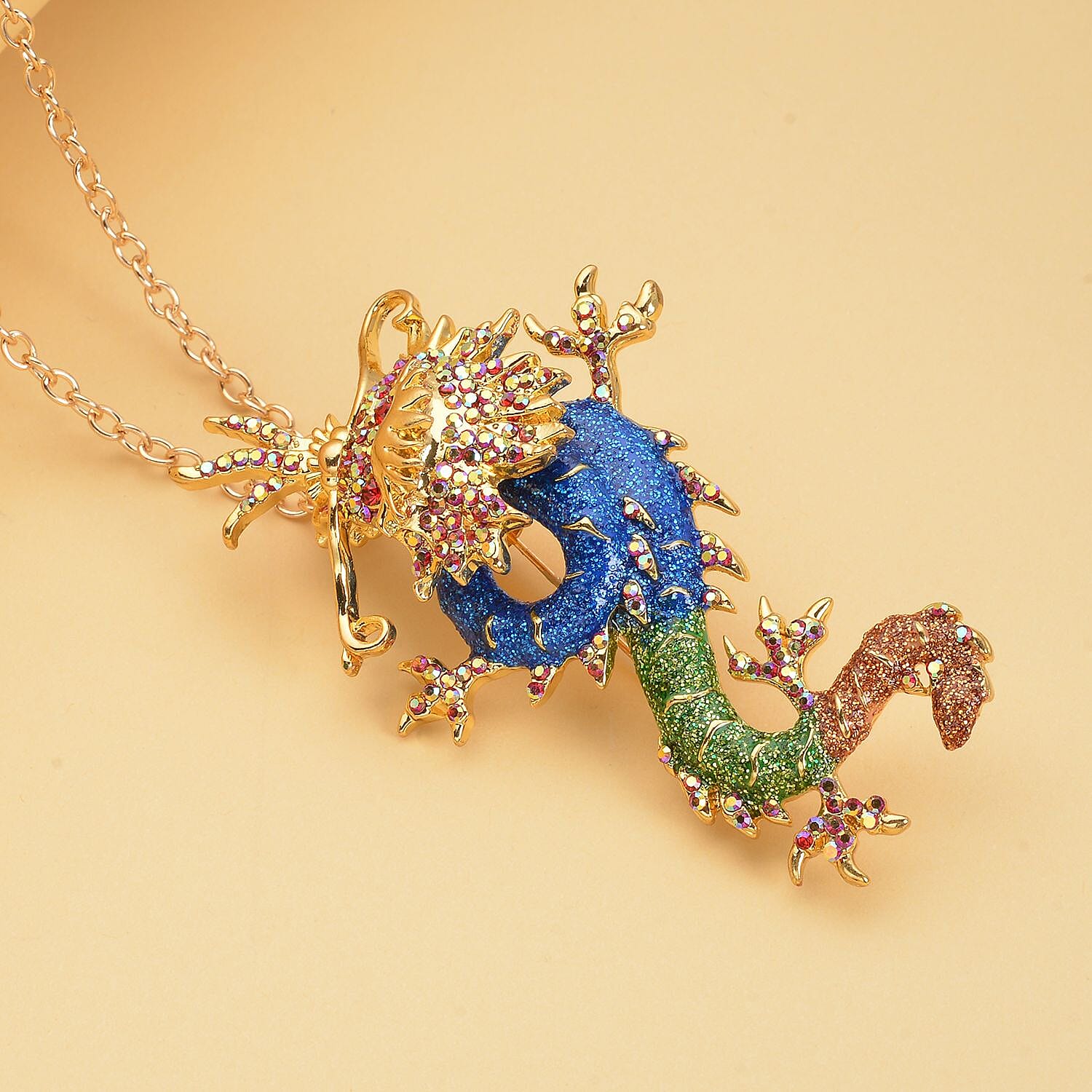  Multi Colour Crystal Enamelled Dragon Pendant with Chain or Brooch ( Size- 24) in Gold Tone