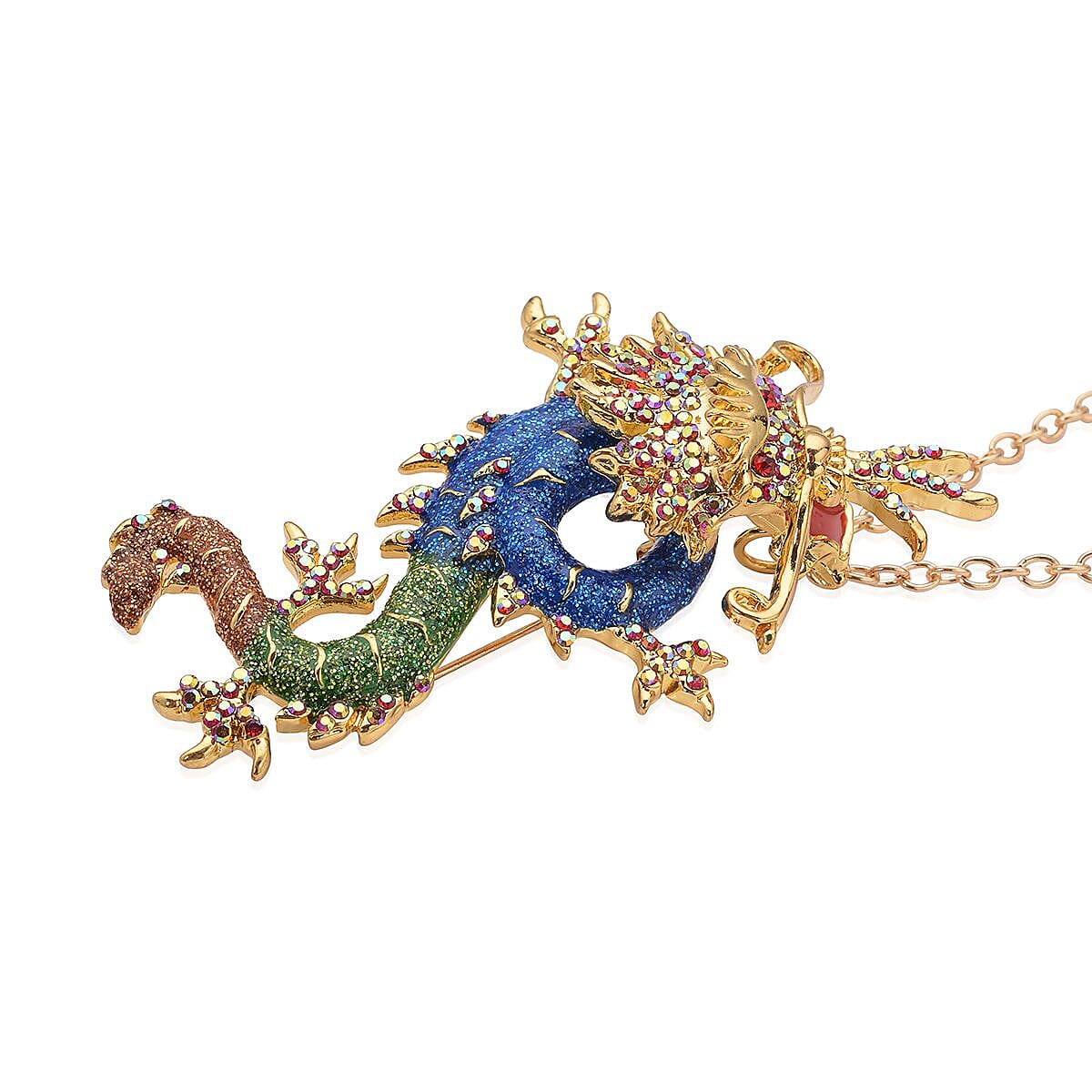  Multi Colour Crystal Enamelled Dragon Pendant with Chain or Brooch ( Size- 24) in Gold Tone
