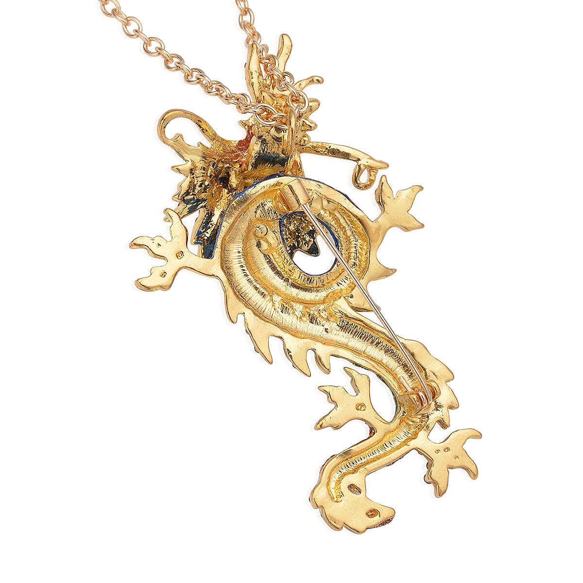  Multi Colour Crystal Enamelled Dragon Pendant with Chain or Brooch ( Size- 24) in Gold Tone