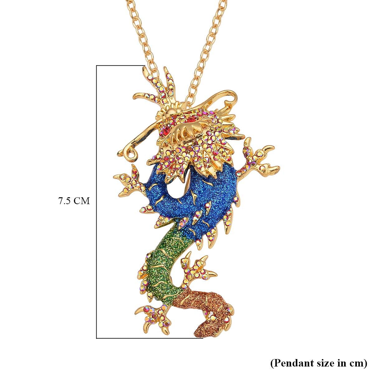  Multi Colour Crystal Enamelled Dragon Pendant with Chain or Brooch ( Size- 24) in Gold Tone