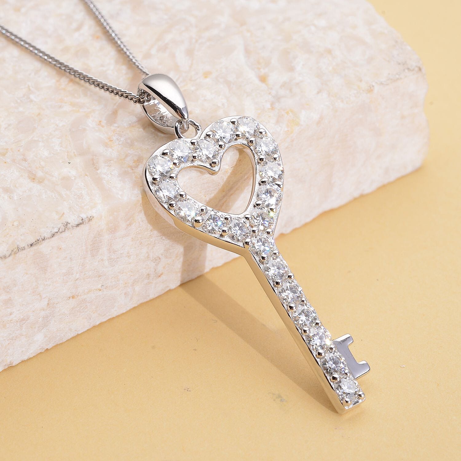 Moissanite Heart Key Pendant with Chain (Size 18.0)in Sterling Silver 1.20 Ct.