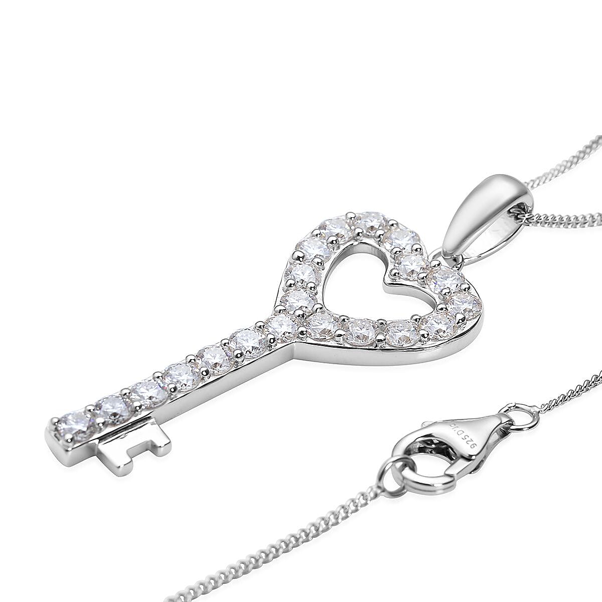Moissanite Heart Key Pendant with Chain (Size 18.0)in Sterling Silver 1.20 Ct.