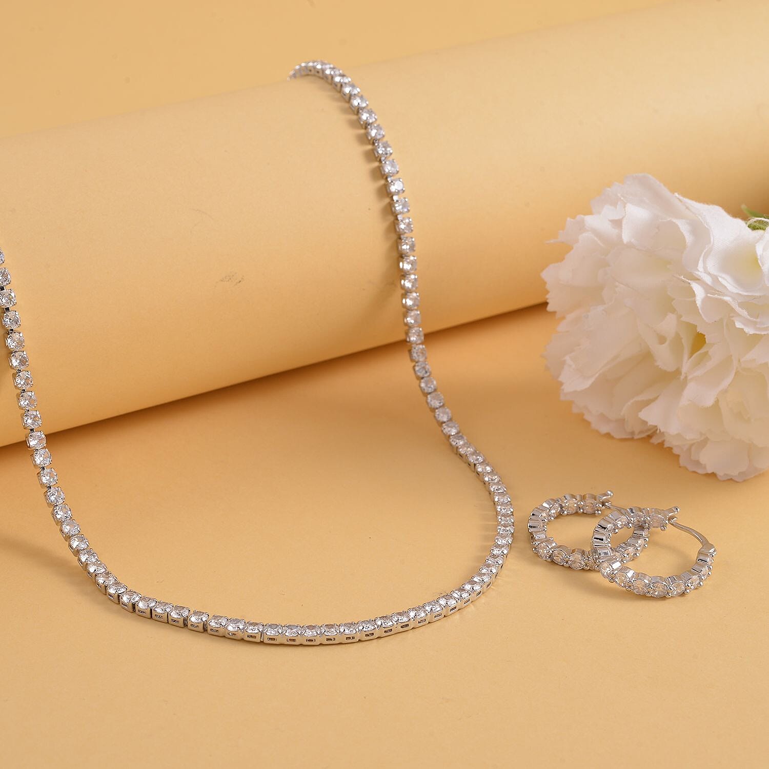 NY Closeout 2 Piece Set - Simulated Diamond Necklace (Size - 20) and Earrings in Silver Tone