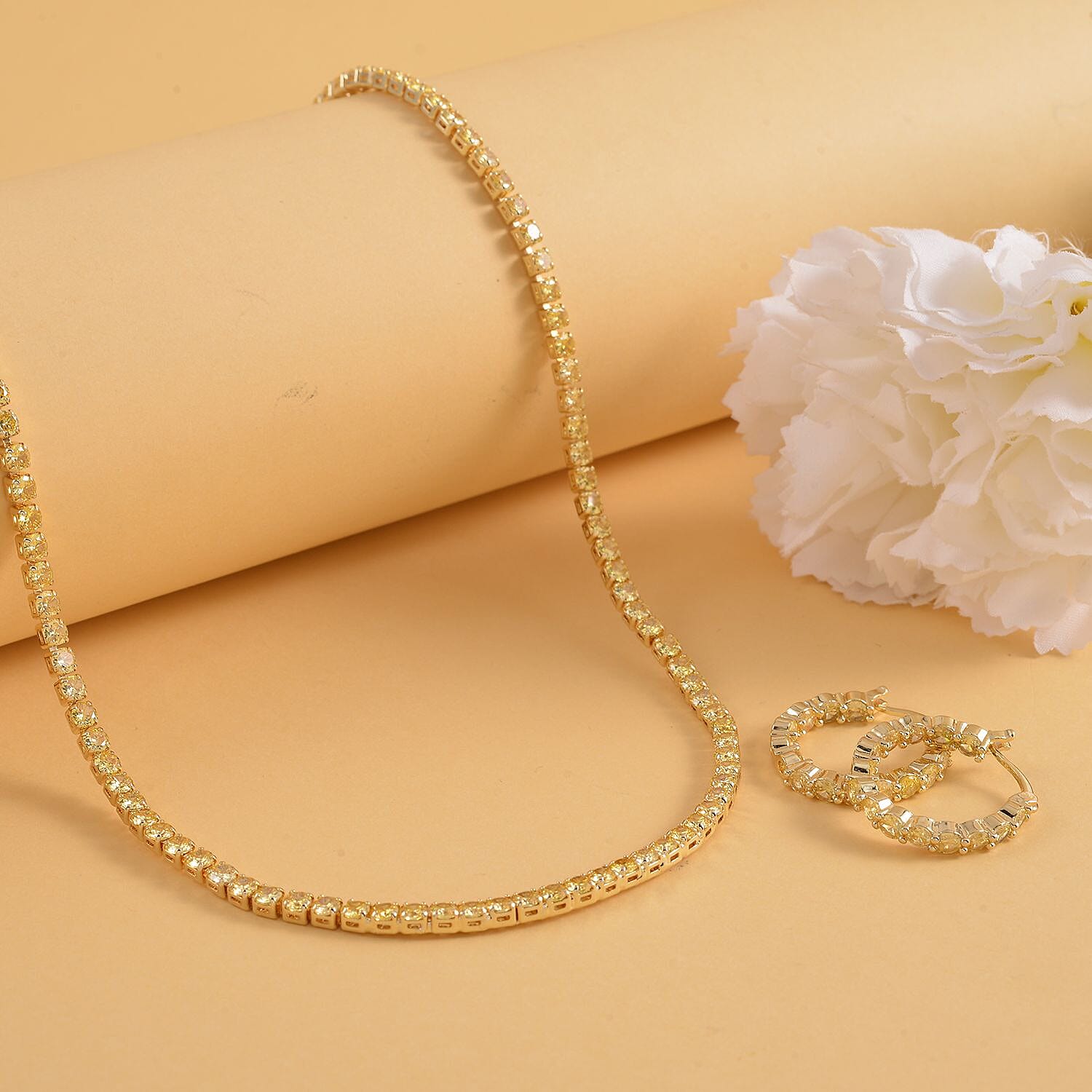 NY Closeout 2 Piece Set - Simulated Yellow Diamond Necklace (Size - 20) and Earrings in Yellow Gold Tone