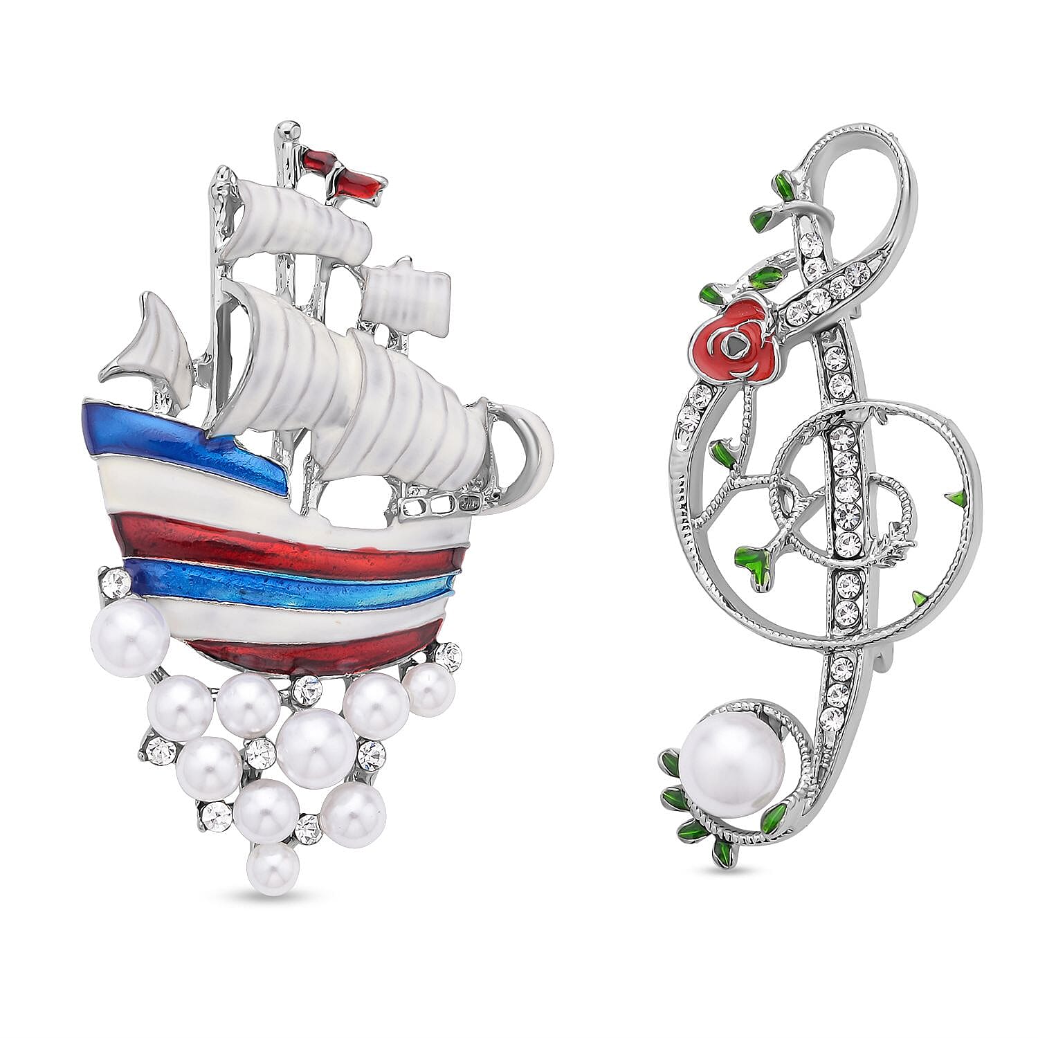 Set of 2 - Simulated Pearl and White Austrian Crystal Musical Note & Sailboat Brooch With Enamelling in Silver Tone