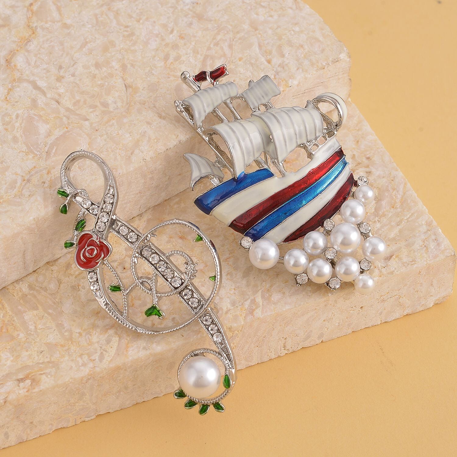 Set of 2 - Simulated Pearl and White Austrian Crystal Musical Note & Sailboat Brooch With Enamelling in Silver Tone
