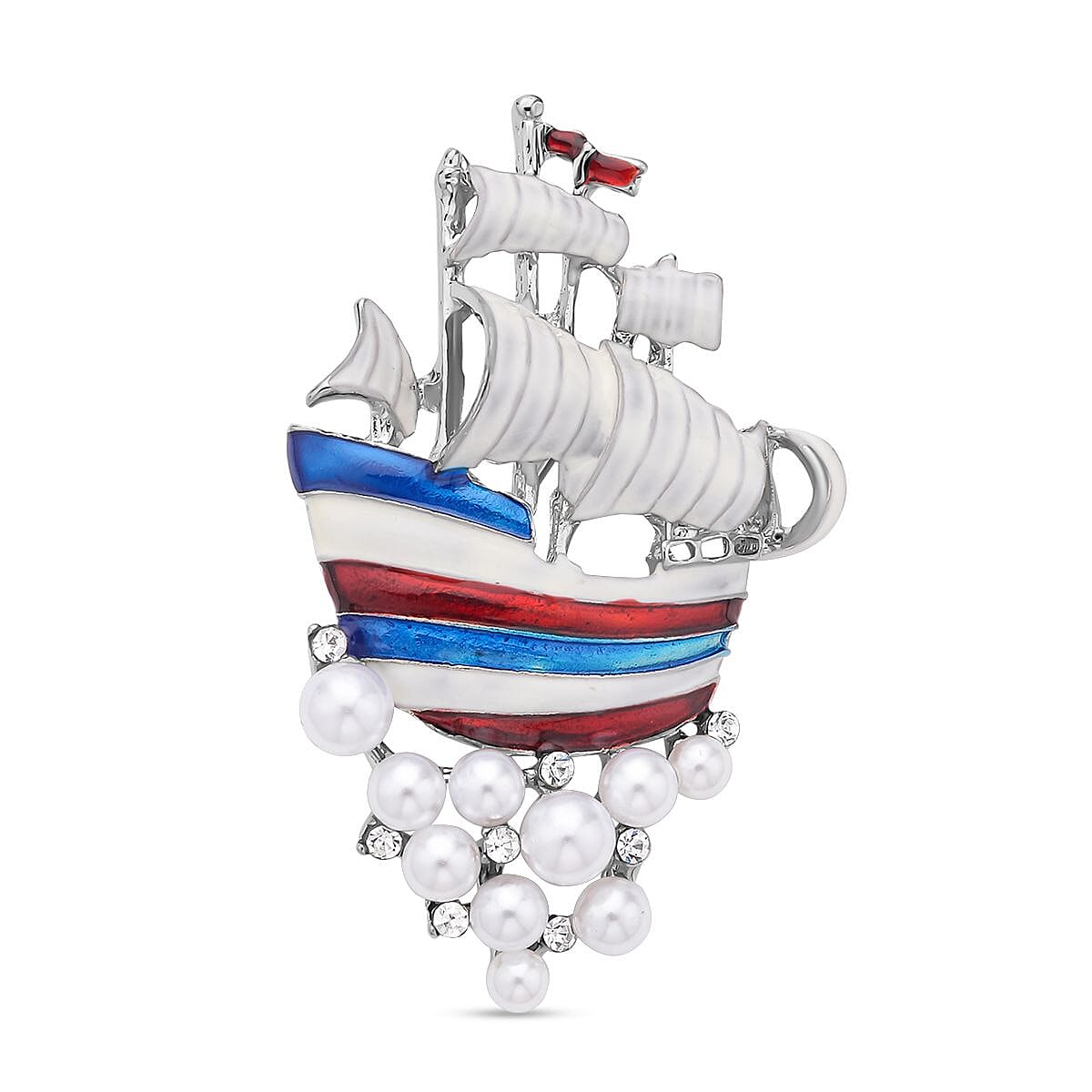 Set of 2 - Simulated Pearl and White Austrian Crystal Musical Note & Sailboat Brooch With Enamelling in Silver Tone