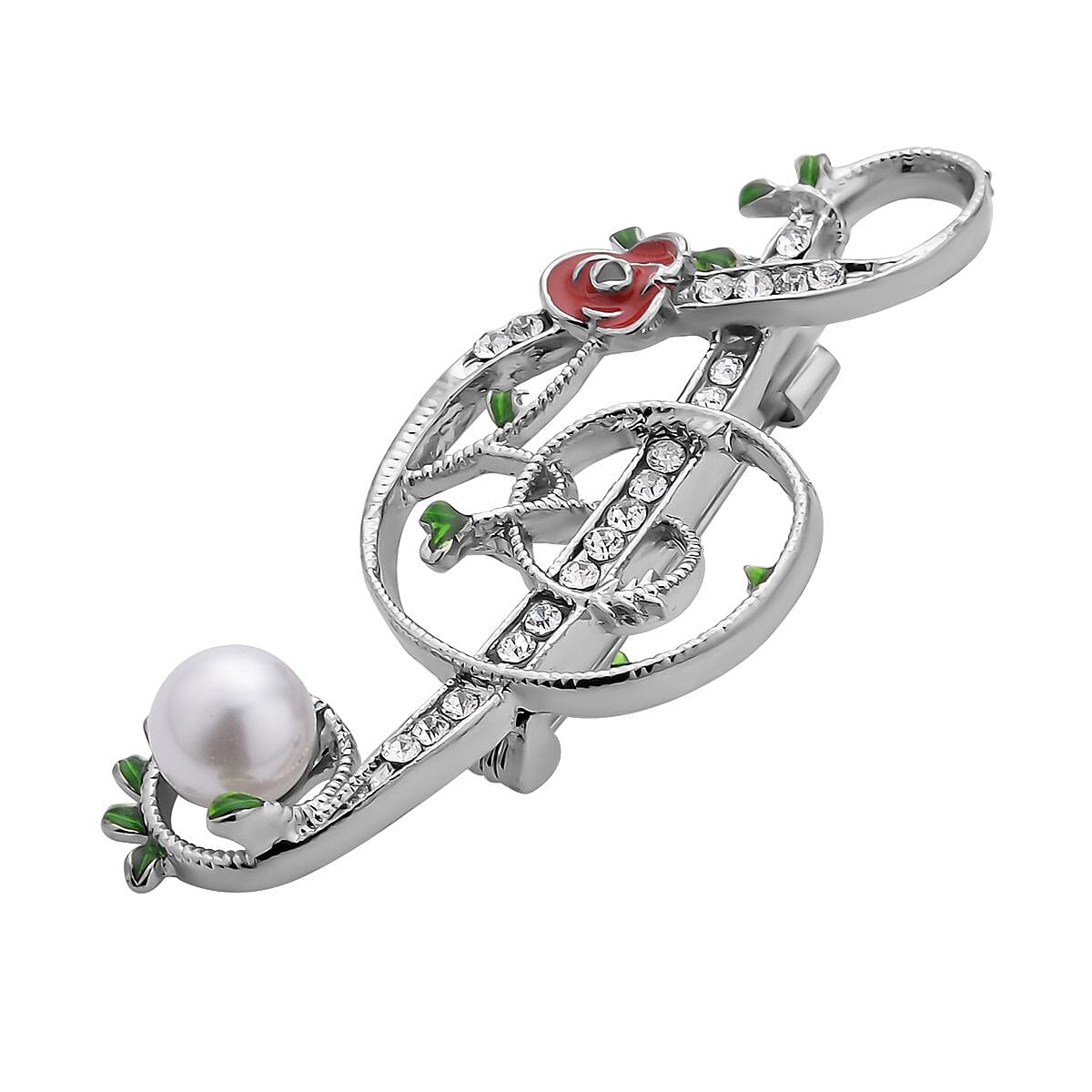 Set of 2 - Simulated Pearl and White Austrian Crystal Musical Note & Sailboat Brooch With Enamelling in Silver Tone