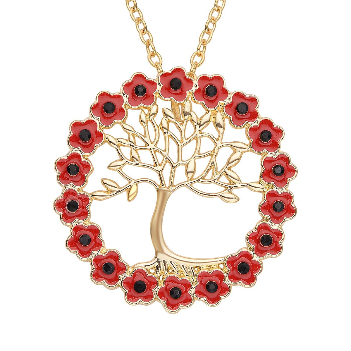 Black Austrian Crystal Enamelled Tree of Life Pendant With Chain ( Size- 24) in Gold Tone