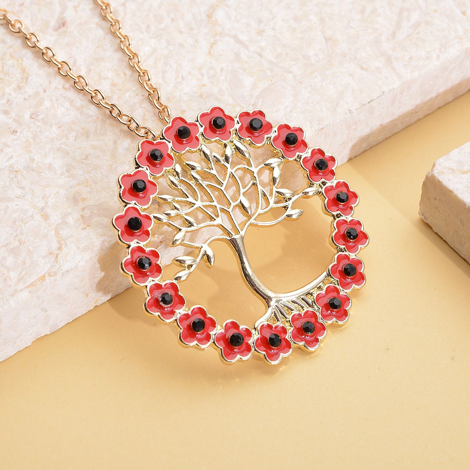 Black Austrian Crystal Enamelled Tree of Life Pendant With Chain ( Size- 24) in Gold Tone